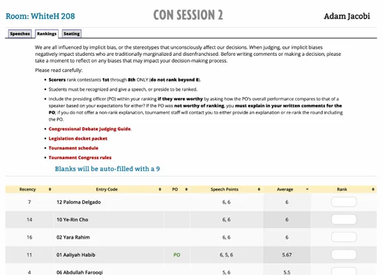 The Rankings tab of a Tabroom.com Student Congress ballot listing each entry with speech points, average and a rank box