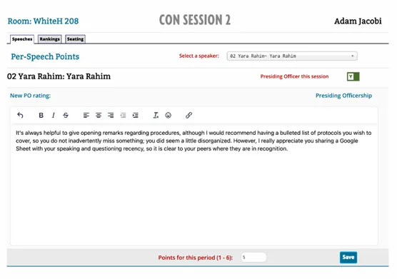 A Tabroom.com Student Congress speech ballot showing the speaker drop-down, the Presiding Officer box checked, a comment box and a points field