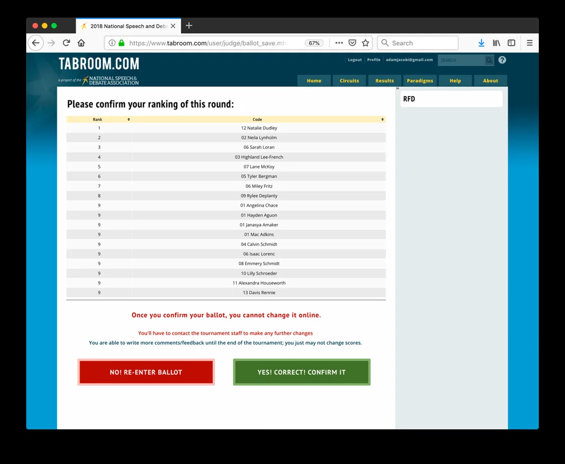 The Tabroom.com confirmation screen with a red “No! Re-enter ballot” button and a green “Yes! Correct! Confirm it” button