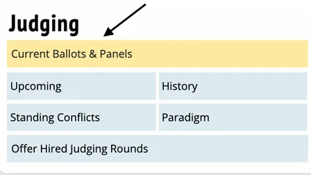 The Judging menu in Tabroom.com with the Current Ballots & Panels button highlighted